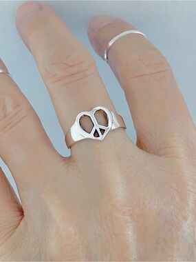 925 Sterling Silver Heart Peace Sign Ring, Statement Boho Love Unity Rings